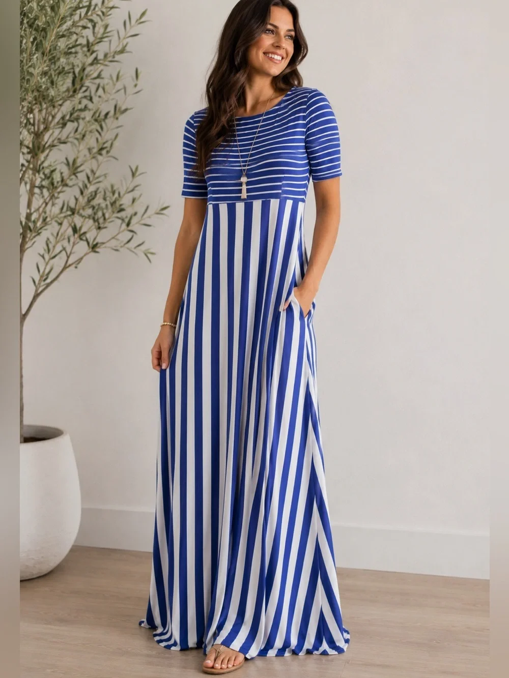 Matilda Jane Maxi Dress Small The Road Ahead Blue Stripe Maxi Pockets Long J